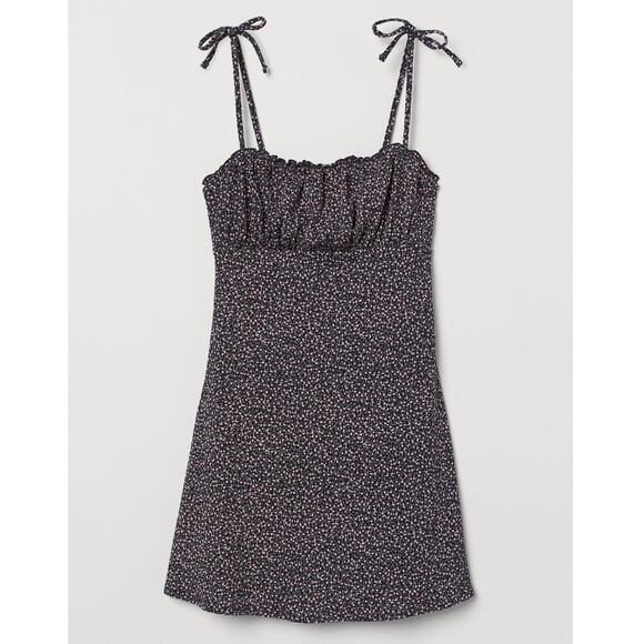H&M Divided Bow-Detail Jersey Dress - Size M - Black Green Ditsey Floral Mini - Picture 1 of 12